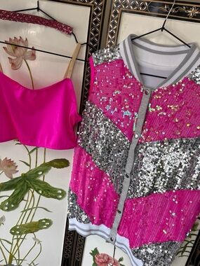 THREE PIECES! Sequined jacket, halter top and RHINESTONED headband, Weissman